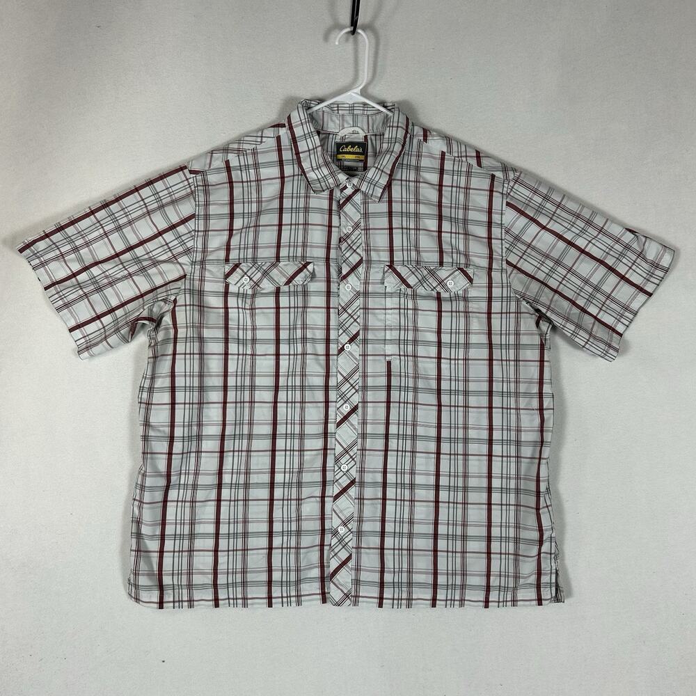 Cabela's Coolmax Button Up Hiking Shirt Mens 2XL Gray Plaid Short Sleeve UPF30